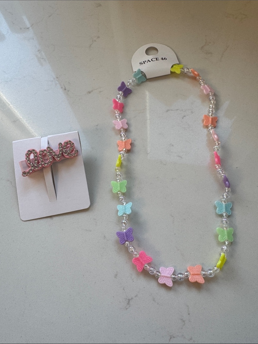 NWT - Kids Multicolor Butterfly Bead Necklace and “love” barette bundle